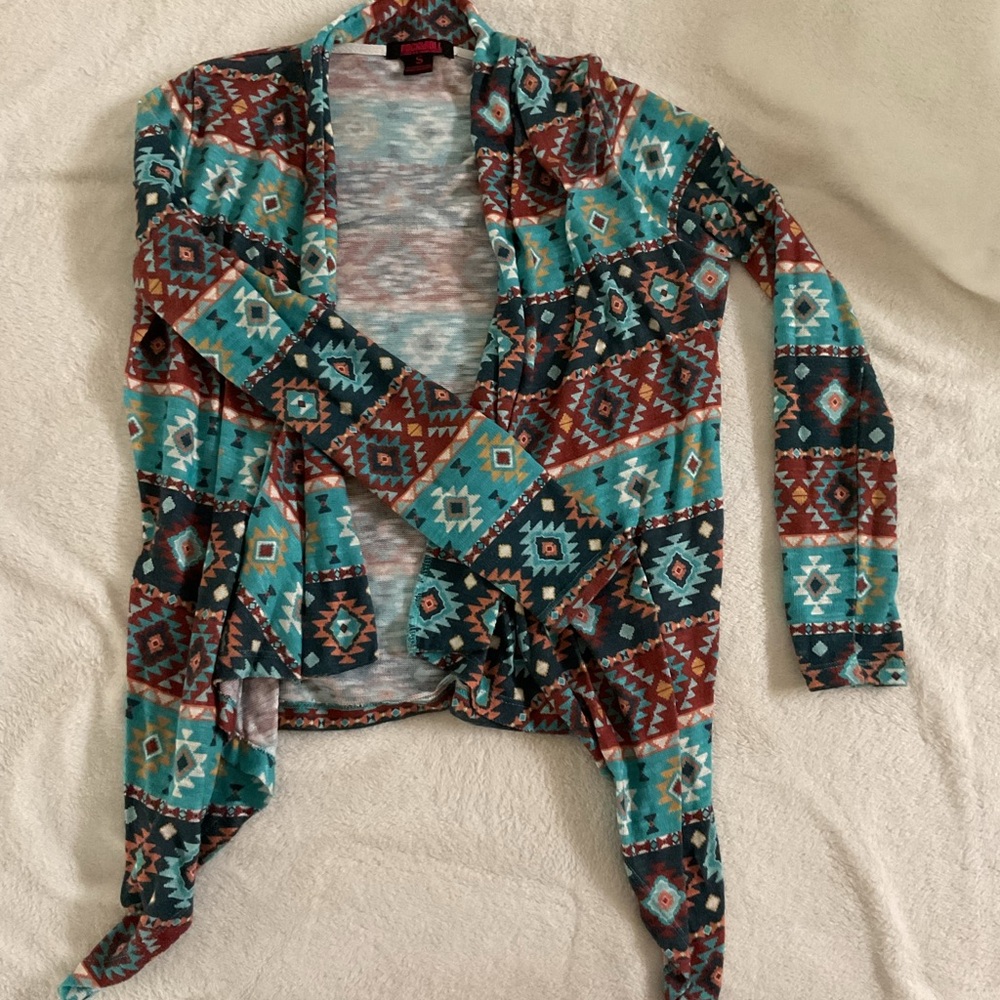 Rock & Roll Cowgirl Blue and Brown Geometric Cardigan